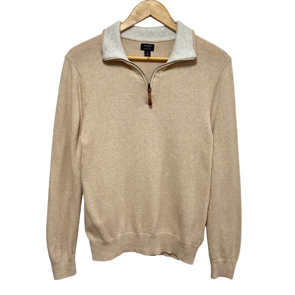 J Crew Quarter Zip Sweater Womens Small Beige Cotton Knit Pullover Preppy